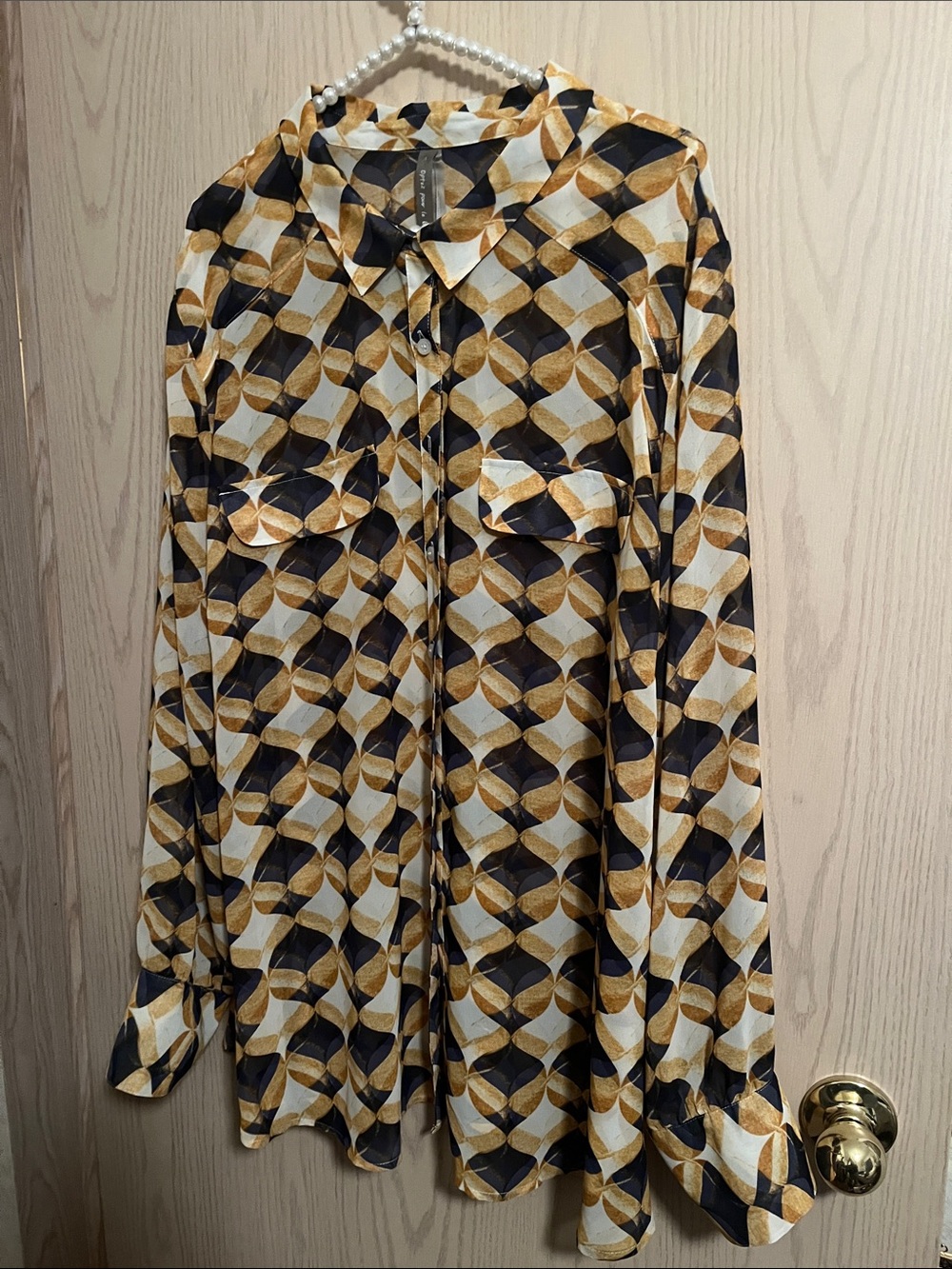 Penningtons Geometric Print Button-Up Blouse in Black, White & Gold
